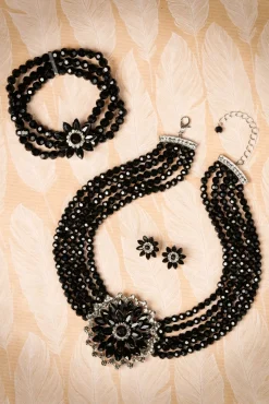 New Lovely Audrey Jet Flower Halskette In Schwarz Und Silber