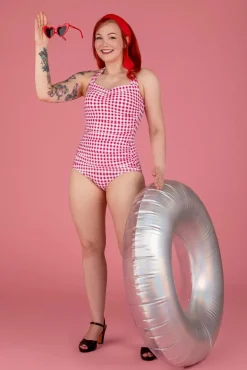 Hot Esther Williams Classic One Piece Gingham Badeanzug In Himbeerrot Und Weis