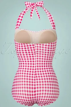 Hot Esther Williams Classic One Piece Gingham Badeanzug In Himbeerrot Und Weis