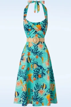 New Vixen Coral Reef Neckholder Flare Kleid In Blau