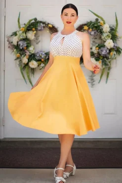 Outlet Vintage Diva Das Maria Grazia Swing Kleid In Weis Und Sonnengelb