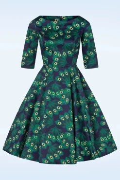 Online Topvintage Boutique Collection Exklusiv Bei Topvintage ~ Adriana Peacock Swing-Kleid Mit Langen Armeln In Marineblau