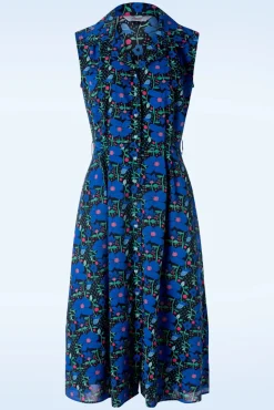 Hot Banned Retro Flower Power Kleid In Blau