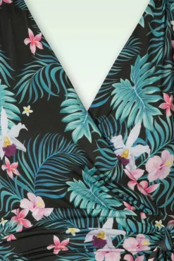 Online Vintage Chic for Topvintage Irene Tropical Floral Cross Over Swing Kleid In Schwarz