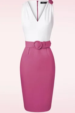 Shop Vintage Diva The Kellie Bleistiftkleid In Off White Und Dunklem Magentarosa